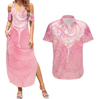 Breast Cancer Awareness Maori Aotearoa Couples Matching Summer Maxi Dress and Hawaiian Shirt Manta Ray - Pink Glaze LT7 Pink - Polynesian Pride