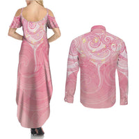 Breast Cancer Awareness Maori Aotearoa Couples Matching Summer Maxi Dress and Long Sleeve Button Shirt Manta Ray - Pink Glaze LT7 - Polynesian Pride