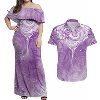 Epilepsy Awareness Maori Aotearoa Couples Matching Off Shoulder Maxi Dress and Hawaiian Shirt Manta Ray - Purple Glaze LT7 Purple - Polynesian Pride