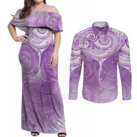 Epilepsy Awareness Maori Aotearoa Couples Matching Off Shoulder Maxi Dress and Long Sleeve Button Shirt Manta Ray - Purple Glaze - Polynesian Pride
