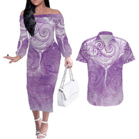 Epilepsy Awareness Maori Aotearoa Couples Matching Off The Shoulder Long Sleeve Dress and Hawaiian Shirt Manta Ray - Purple Glaze LT7 Purple - Polynesian Pride