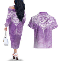 Epilepsy Awareness Maori Aotearoa Couples Matching Off The Shoulder Long Sleeve Dress and Hawaiian Shirt Manta Ray - Purple Glaze LT7 - Polynesian Pride