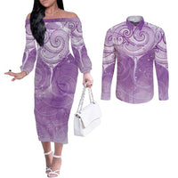 Epilepsy Awareness Maori Aotearoa Couples Matching Off The Shoulder Long Sleeve Dress and Long Sleeve Button Shirt Manta Ray - Purple Glaze - Polynesian Pride