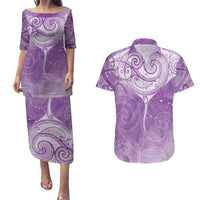 Epilepsy Awareness Maori Aotearoa Couples Matching Puletasi and Hawaiian Shirt Manta Ray - Purple Glaze - Polynesian Pride
