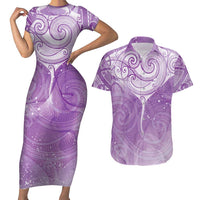 Epilepsy Awareness Maori Aotearoa Couples Matching Short Sleeve Bodycon Dress and Hawaiian Shirt Manta Ray - Purple Glaze LT7 Purple - Polynesian Pride