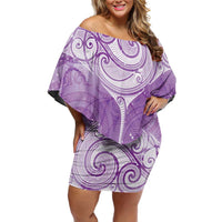 Epilepsy Awareness Maori Aotearoa Family Matching Off Shoulder Short Dress and Hawaiian Shirt Manta Ray - Purple Glaze - Polynesian Pride