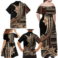 Samoa Siapo Mamanu Family Matching Off Shoulder Maxi Dress and Hawaiian Shirt Plumeria Black Motifs