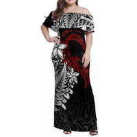 Valentine New Zealand Family Matching Off Shoulder Maxi Dress and Hawaiian Shirt Aotearoa Couple Maori Aroha Ki a Koe LT7 Mom's Dress Black - Polynesian Pride