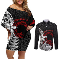 New Zealand Aotearoa Valentine Couples Matching Off Shoulder Short Dress and Long Sleeve Button Shirt Couple Maori Aroha Ki a Koe Ver.02 LT7 Black - Polynesian Pride
