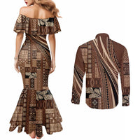 Pasifika Women's Day - Samoa Siapo Malu Tattoo Inspired Couples Matching Mermaid Dress and Long Sleeve Button Shirt Brown