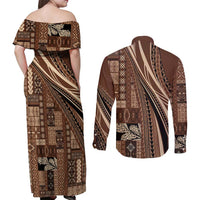 Pasifika Women's Day - Samoa Siapo Malu Tattoo Inspired Couples Matching Off Shoulder Maxi Dress and Long Sleeve Button Shirt Brown