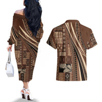 Pasifika Women's Day - Samoa Siapo Malu Tattoo Inspired Couples Matching Off The Shoulder Long Sleeve Dress and Hawaiian Shirt Brown LT7 - Polynesian Pride