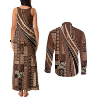 Pasifika Women's Day - Samoa Siapo Malu Tattoo Inspired Couples Matching Tank Maxi Dress and Long Sleeve Button Shirt Brown