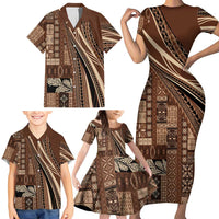 Pasifika Women's Day - Samoa Siapo Malu Tattoo Inspired Family Matching Short Sleeve Bodycon Dress and Hawaiian Shirt Brown LT7 - Polynesian Pride