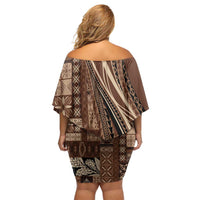 Pasifika Women's Day - Samoa Siapo Malu Tattoo Inspired Off Shoulder Short Dress Brown