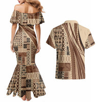Pasifika Women's Day - Samoa Siapo Malu Tattoo Inspired Couples Matching Mermaid Dress and Hawaiian Shirt Beige