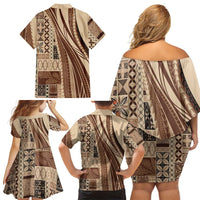 Pasifika Women's Day - Samoa Siapo Malu Tattoo Inspired Family Matching Off Shoulder Short Dress and Hawaiian Shirt Beige LT7 - Polynesian Pride