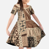 Pasifika Women's Day - Samoa Siapo Malu Tattoo Inspired Family Matching Short Sleeve Bodycon Dress and Hawaiian Shirt Beige LT7 Daughter's Dress Beige - Polynesian Pride