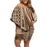 Pasifika Women's Day - Samoa Siapo Malu Tattoo Inspired Off Shoulder Short Dress Beige