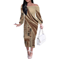 Pasifika Women's Day - Samoa Siapo Malu Tattoo Inspired Off The Shoulder Long Sleeve Dress Beige