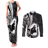 Mother's Day Couples Matching Tank Maxi Dress and Long Sleeve Button Shirt Polynesia Vintage Hibiscus - Black