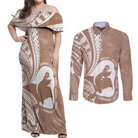 Mother's Day Couples Matching Off Shoulder Maxi Dress and Long Sleeve Button Shirt Polynesia Vintage Hibiscus - Brown