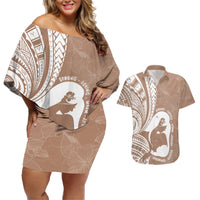 Mother's Day Couples Matching Off Shoulder Short Dress and Hawaiian Shirt Polynesia Vintage Hibiscus - Brown LT7 Brown - Polynesian Pride