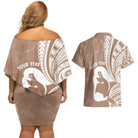 Mother's Day Couples Matching Off Shoulder Short Dress and Hawaiian Shirt Polynesia Vintage Hibiscus - Brown LT7 - Polynesian Pride