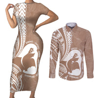 Mother's Day Couples Matching Short Sleeve Bodycon Dress and Long Sleeve Button Shirt Polynesia Vintage Hibiscus - Brown