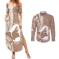 Mother's Day Couples Matching Summer Maxi Dress and Long Sleeve Button Shirt Polynesia Vintage Hibiscus - Brown