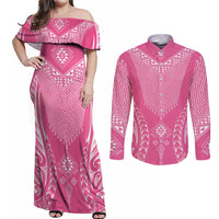2025 Rugby Championship New Zealand Custom Couples Matching Off Shoulder Maxi Dress and Long Sleeve Button Shirt Poutama Motifs - Pink Out - Polynesian Pride