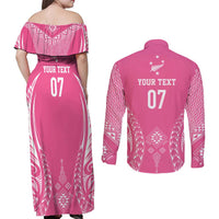 2025 Rugby Championship New Zealand Custom Couples Matching Off Shoulder Maxi Dress and Long Sleeve Button Shirt Poutama Motifs - Pink Out - Polynesian Pride