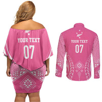 2025 Rugby Championship New Zealand Custom Couples Matching Off Shoulder Short Dress and Long Sleeve Button Shirt Poutama Motifs - Pink Out - Polynesian Pride