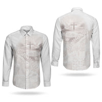 Samoa Lotu Tamaiti White Prayers Couples Matching Off Shoulder Short Dress and Long Sleeve Button Shirt Floral Mamanu Siapo LT7 - Polynesian Pride