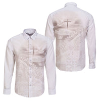 Samoa Lotu Tamaiti White Prayers Family Matching Mermaid Dress and Hawaiian Shirt Floral Mamanu Siapo LT7 Dad's Shirt - Long Sleeve White - Polynesian Pride