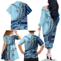 Samoa Siapo Mamanu Family Matching Off The Shoulder Long Sleeve Dress and Hawaiian Shirt Plumeria Navy Blue Motifs