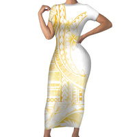 Samoa Siapo Mamanu Family Matching Short Sleeve Bodycon Dress and Hawaiian Shirt Plumeria Fancy Gold Motifs