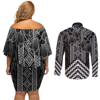 Aotearoa Taniko Pattern Couples Matching Off Shoulder Short Dress and Long Sleeve Button Shirt Poutama Mix Kowhai Flowers LT7 - Polynesian Pride