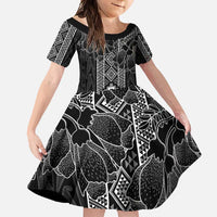 Aotearoa Taniko Pattern Family Matching Long Sleeve Bodycon Dress and Hawaiian Shirt Poutama Mix Kowhai Flowers LT7 Daughter's Dress Grey - Polynesian Pride