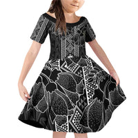 Aotearoa Taniko Pattern Family Matching Off Shoulder Short Dress and Hawaiian Shirt Poutama Mix Kowhai Flowers LT7 Daughter's Dress Grey - Polynesian Pride