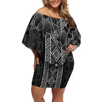 Aotearoa Taniko Pattern Family Matching Off Shoulder Short Dress and Hawaiian Shirt Poutama Mix Kowhai Flowers LT7 Mom's Dress Grey - Polynesian Pride
