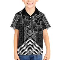 Aotearoa Taniko Pattern Family Matching Off Shoulder Short Dress and Hawaiian Shirt Poutama Mix Kowhai Flowers LT7 Son's Shirt Grey - Polynesian Pride