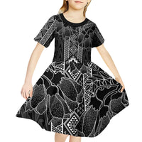 Aotearoa Taniko Pattern Kid Short Sleeve Dress Poutama Mix Kowhai Flowers