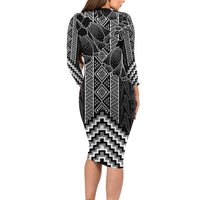 Aotearoa Taniko Pattern Long Sleeve Bodycon Dress Poutama Mix Kowhai Flowers LT7 - Polynesian Pride
