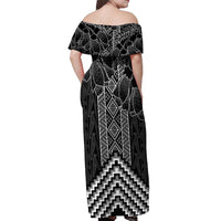 Aotearoa Taniko Pattern Off Shoulder Maxi Dress Poutama Mix Kowhai Flowers