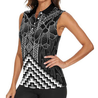 Aotearoa Taniko Pattern Women Sleeveless Polo Shirt Poutama Mix Kowhai Flowers LT7 - Polynesian Pride