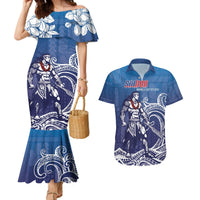 Samoa Manuia le Aso Tuto'atasi Siapo Motif Couples Matching Mermaid Dress and Hawaiian Shirt Warrior with Nifo Oti LT7 Blue - Polynesian Pride