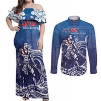 Samoa Manuia le Aso Tuto'atasi Siapo Motif Couples Matching Off Shoulder Maxi Dress and Long Sleeve Button Shirt Warrior with Nifo Oti LT7 Blue - Polynesian Pride