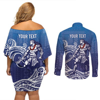 Samoa Manuia le Aso Tuto'atasi Siapo Motif Couples Matching Off Shoulder Short Dress and Long Sleeve Button Shirt Warrior with Nifo Oti LT7 - Polynesian Pride
