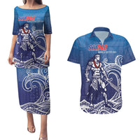 Samoa Manuia le Aso Tuto'atasi Siapo Motif Couples Matching Puletasi and Hawaiian Shirt Warrior with Nifo Oti LT7 Blue - Polynesian Pride